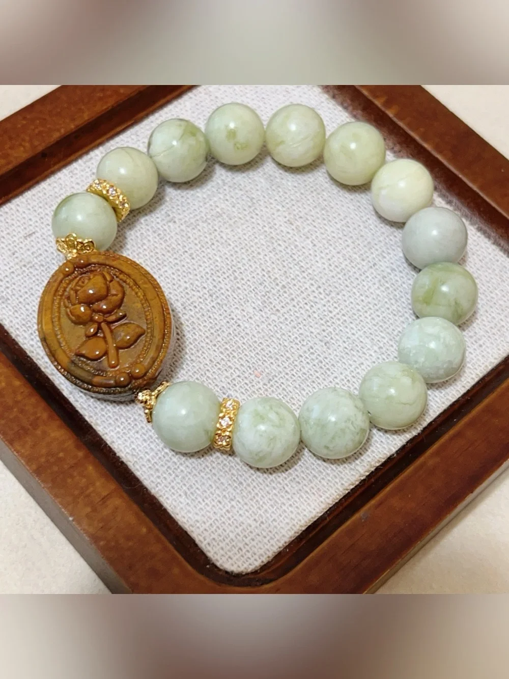 Handmade Natural Serpentine Jade Bracelet |Alashan Agate Rose Portrait Charm
